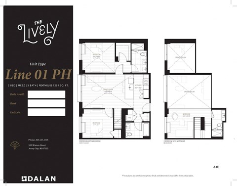 Floor plan for 2 beds, 3 baths, 1251 sqft